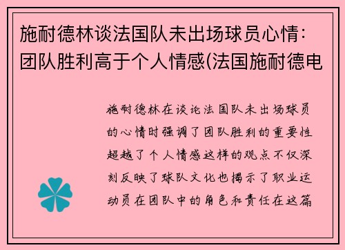 施耐德林谈法国队未出场球员心情：团队胜利高于个人情感(法国施耐德电气中国有限公司)