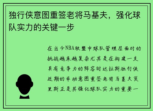 独行侠意图重签老将马基夫，强化球队实力的关键一步