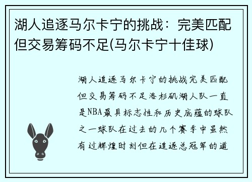 湖人追逐马尔卡宁的挑战：完美匹配但交易筹码不足(马尔卡宁十佳球)